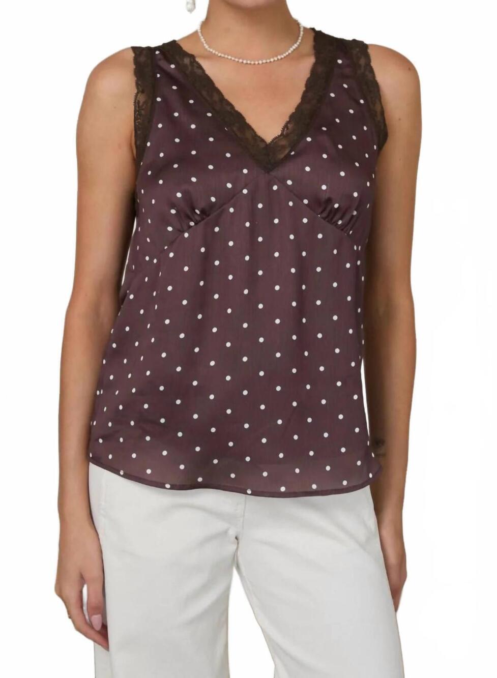 NEW SKIES ARE BLUE polka dot satin lace trim tank top in brown multi